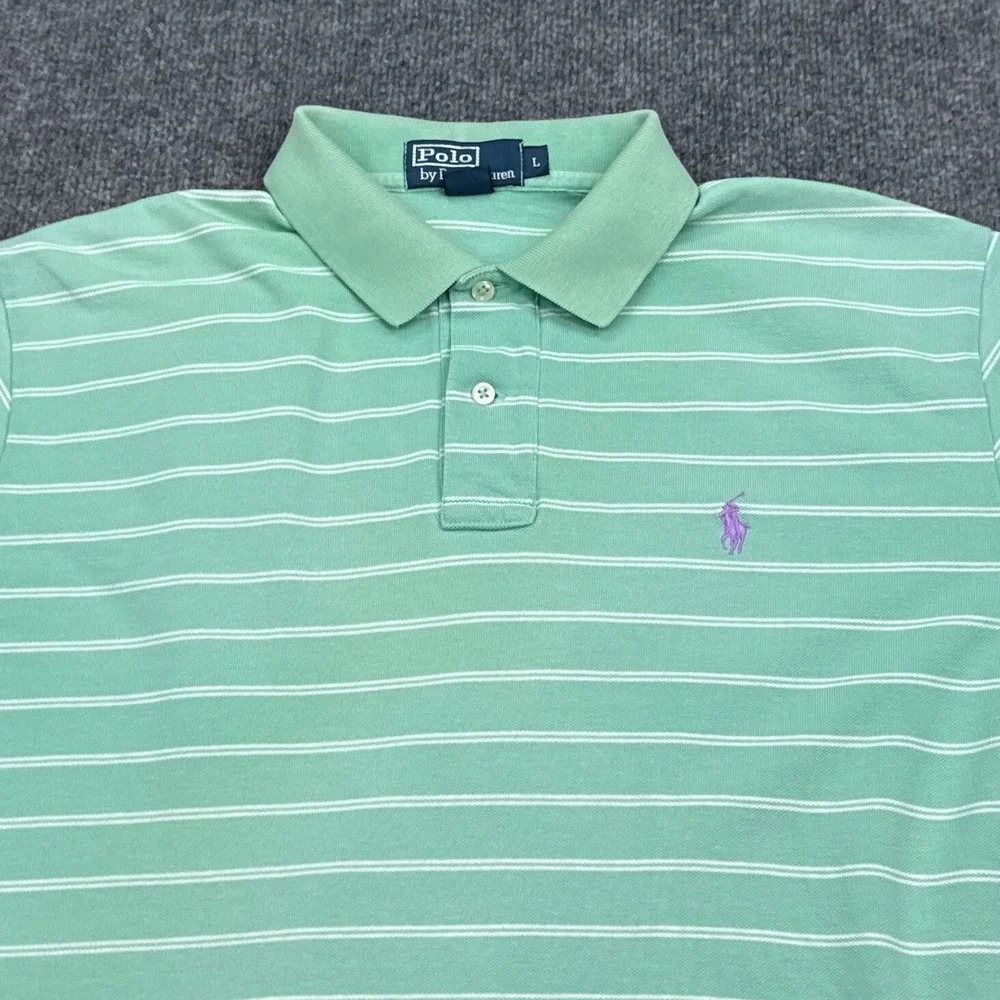 Ralph Lauren Polo Shirt Mens Size Large Light Green Striped Vintage Casual Pony